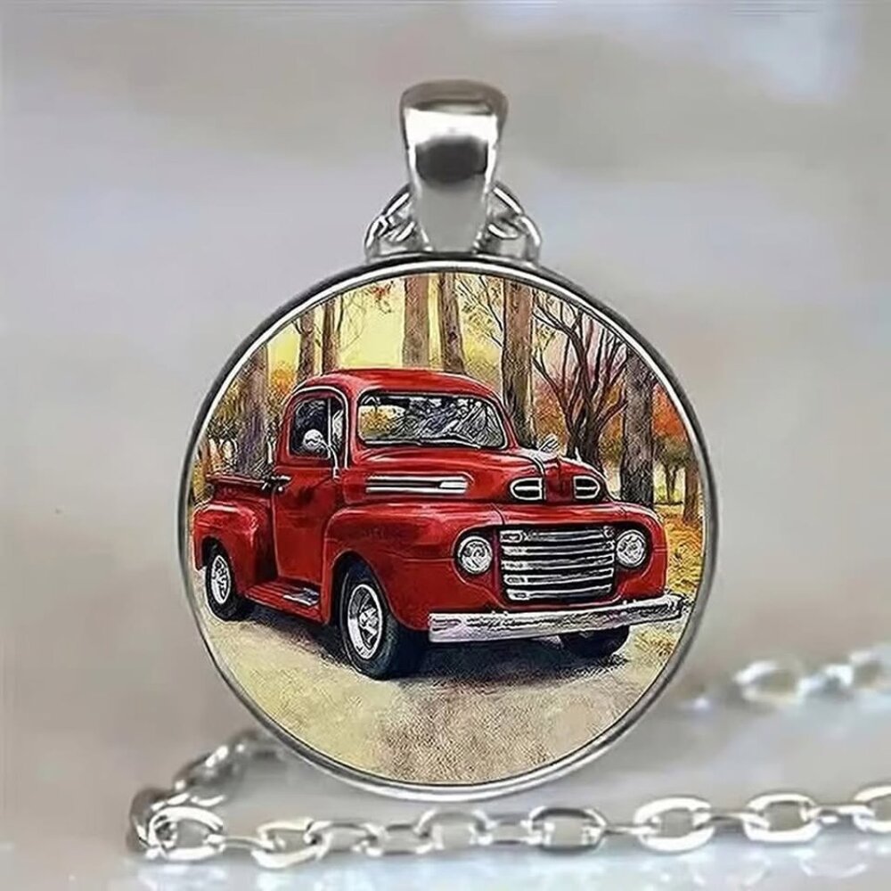 Silver Vintage Red Truck Glass Cabochon Pendant Necklace
